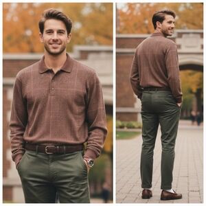 Arrow L 90s Eclectic Grandpa Preppy Glen Plaid & Herringbone Longsleeve Polo